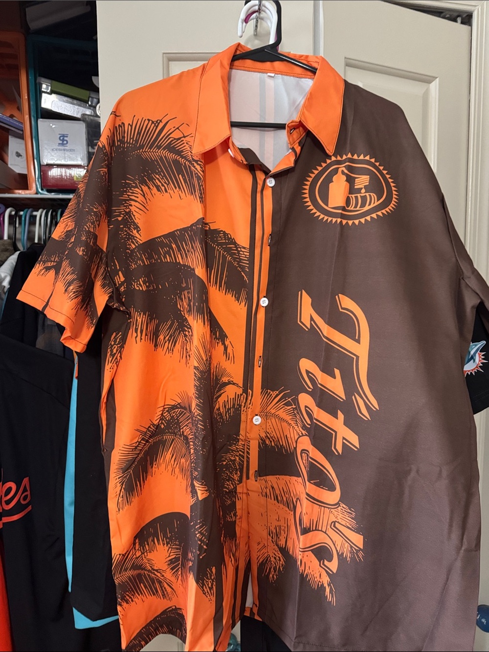 Men's Orange and Brown Graphic Short-Sleeve Button-Down Shirt